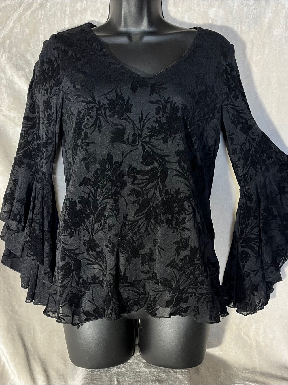 Papillon Blanc Black Floral Velvet Burnout Ruffled Bell Sleeve Blouse Full Lined